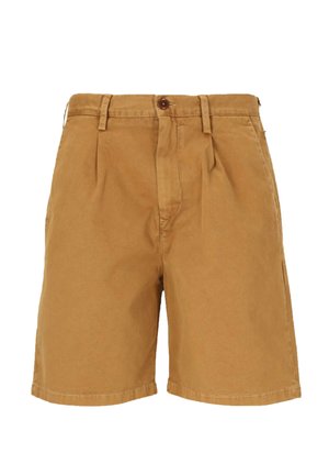 Brown casual shorts with a button and zip closure, belt loops, front pleats, and side pockets on a white background.