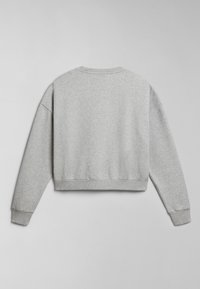 Grijze cropped sweatshirt met lange mouwen, ronde halslijn, ribgebreide manchetten en zoom. Gemaakt van zachte stof met een gladde, gelijkmatige textuur.