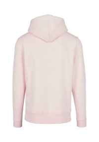 Light pink hoodie with a relaxed fit, a drawstring hood, long sleeves, and ribbed cuffs and hem. Soft fabric with a smooth texture.