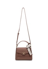 Borsa a tracolla in pelle marrone con texture, dotata di manico superiore e tracolla rimovibile. Presenta una forma rettangolare e un flap frontale con una chiusura.