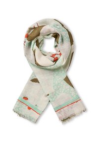 Lightweight fabric scarf in cream with floral patterns in green, orange, and brown. Frayed edges and a soft, textured finish.