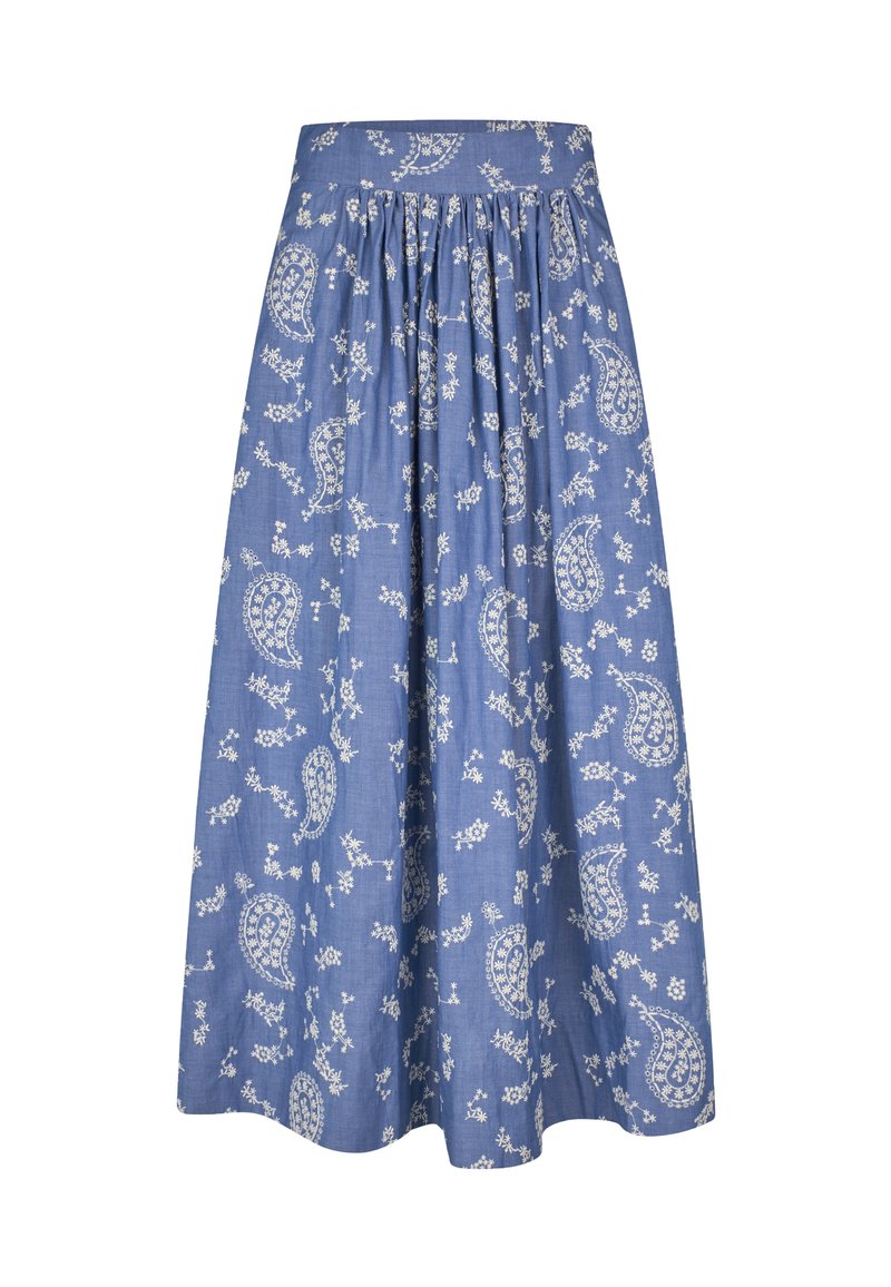 Mėlyna A formos sijonas su baltu paisley ir gėlių raštu, surinkta juosmens dalis, iki kelių ilgio ir lengva medžiaga.