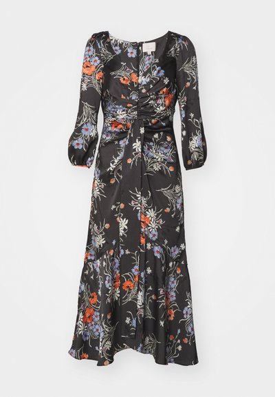 Schwarzes Satin-Midi-Kleid mit langen Puffärmeln, verziert mit roten, blauen und weißen Blumenmustern, gerafftem Vorderteil und ausgestelltem Saum.