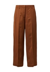 Pantalons marron à jambes larges en tissu lisse, dotés d'un devant plat, de deux poches latérales et d'une taille ajustée avec passants de ceinture.
