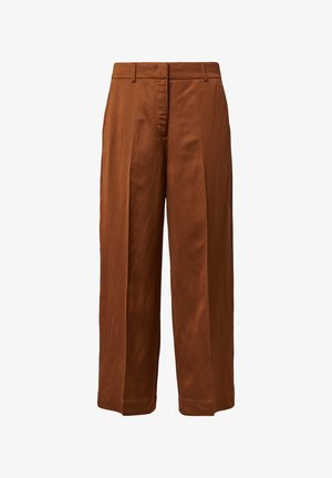Brown wide-leg trousers made of smooth fabric, featuring a flat front, two side pockets, and a tailored waistband with belt loops.