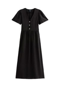 Vestido negro de longitud hasta la rodilla con escote en V, mangas cortas abullonadas y cintura fruncida. Presenta un detalle de tres botones y una textura suave.