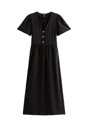 Zwarte jurk tot de knie met een V-hals, korte pofmouwen en een opgehoekte taille. Bevat drie knoopdetails en een zachte textuur.