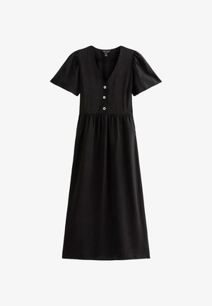 Abito nero al ginocchio con scollatura a V, maniche corte a sbuffo e vita arricciata. Presenta un dettaglio con tre bottoni e una texture liscia.