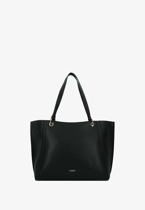 Schwarze Leder-Shopper-Tasche mit Doppelgriffen, silbernen Metallösen und kleinem Markenlogo auf der Vorderseite.