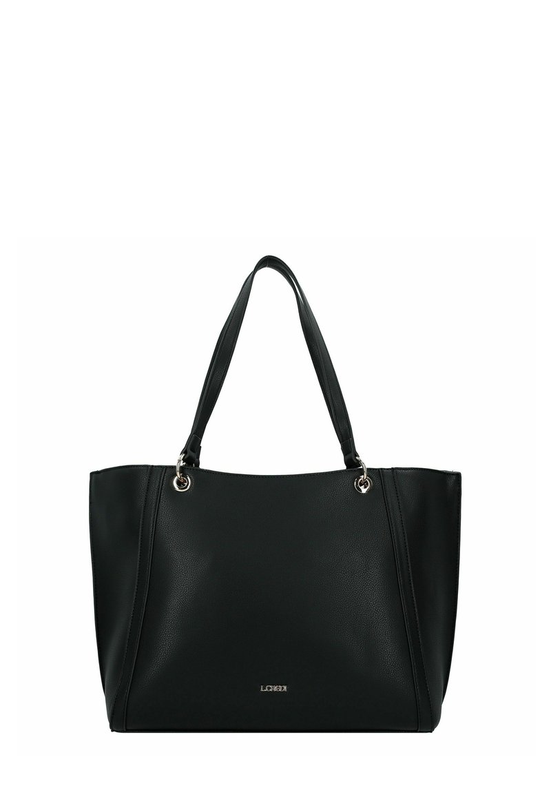 Zwarte leren tote bag met dubbele handvatten, zilveren metalen oogjes en klein merkembleem in het midden op de voorkant.