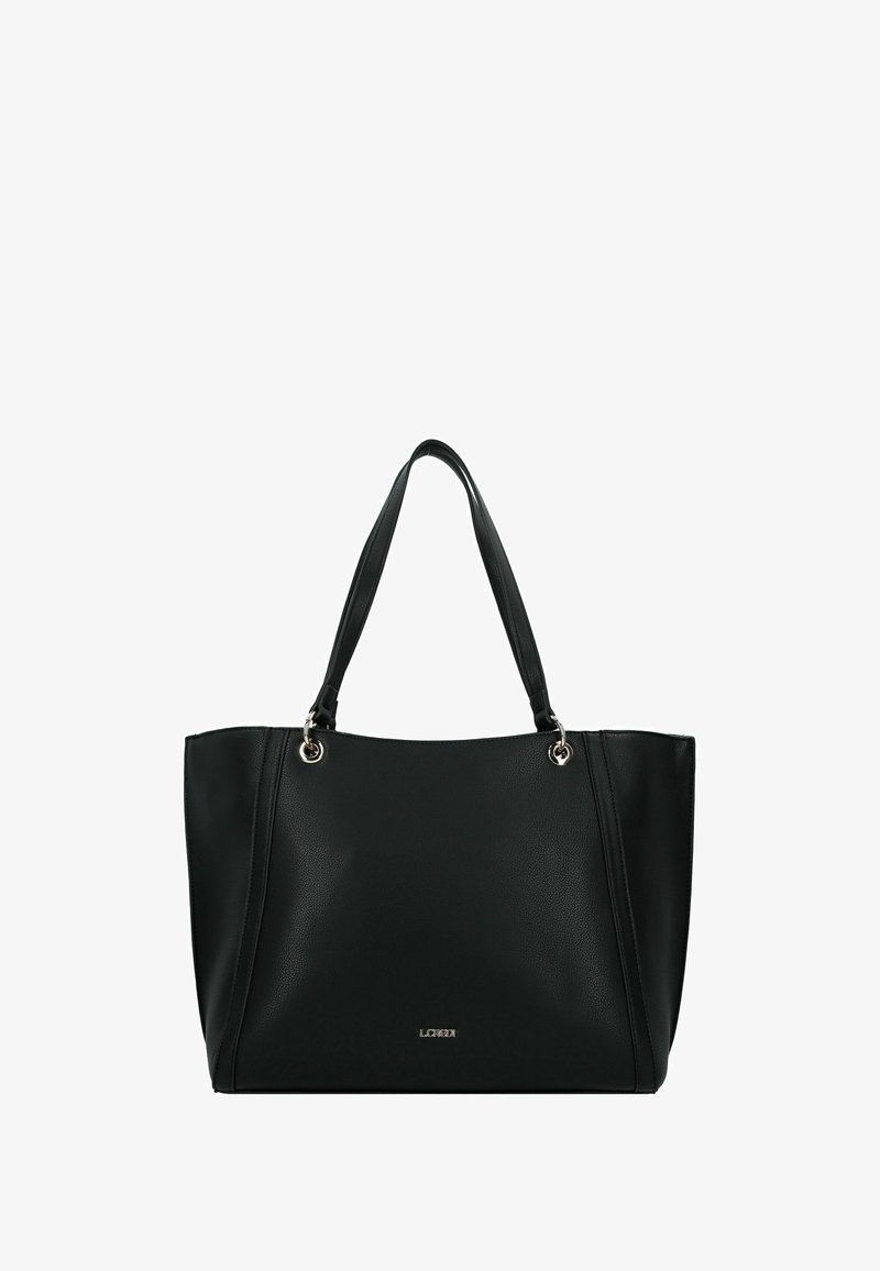 Zwarte leren tote bag met dubbele handvatten, zilveren metalen oogjes en klein merkembleem in het midden op de voorkant.