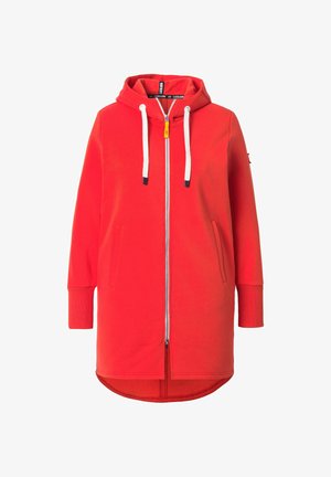 Langer roter Kapuzenpullover mit Reißverschluss, weißen Kordeln, gerippten Bündchen, Taschen vorne und einem leicht geschwungenen Saum hinten.