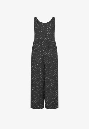 Schwarzer ärmelloser Jumpsuit mit weitem Bein und gleichmäßig über den Stoff verteilten weißen Punkten.