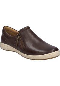 Brown leather slip-on shoe with a side zipper, rounded toe, cream outsole, and a smooth texture. Features a low-profile design.