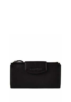 Cartera de cuero negro con cierre delantero de solapa y compartimento superior con cremallera, superficie texturizada y nombre de la marca en relieve sutil en la solapa.