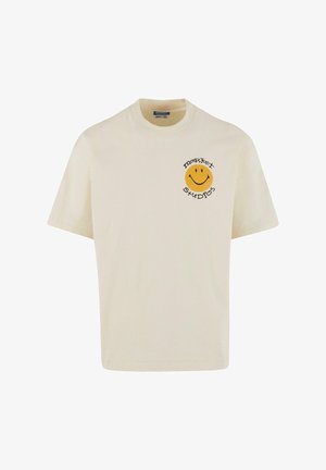 Short-sleeve beige t-shirt made of cotton, featuring a printed yellow smiley face with the text "MARKET STUDIOS" in black.