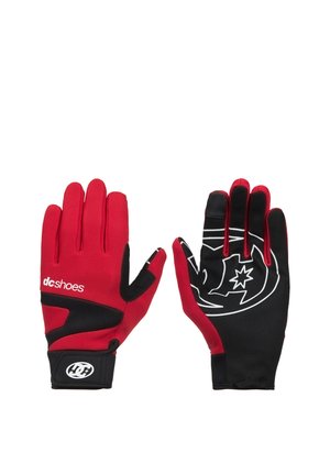 Pair of red and black full-finger gloves with white DC Shoes logos, wrist straps, and distinct design on palms and backs.