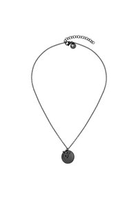 Zwarte metalen ketting met een ronde hanger met uitsnijdingen. Dunne ketting met een verstelbare sluiting en een klein decoratief detail.