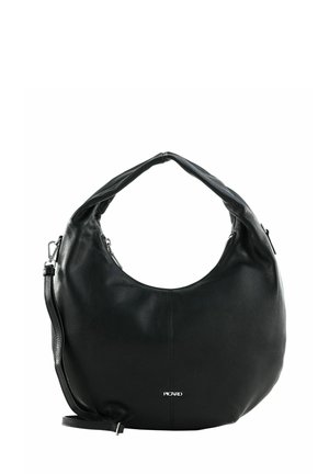 Sac hobo en cuir noir avec une silhouette courbée, double bandoulière, quincaillerie en argent et un détail de logo à l'avant. Texture lisse.