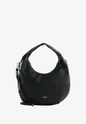 Sac hobo en cuir noir avec une silhouette courbée, double bandoulière, quincaillerie en argent et un détail de logo à l'avant. Texture lisse.