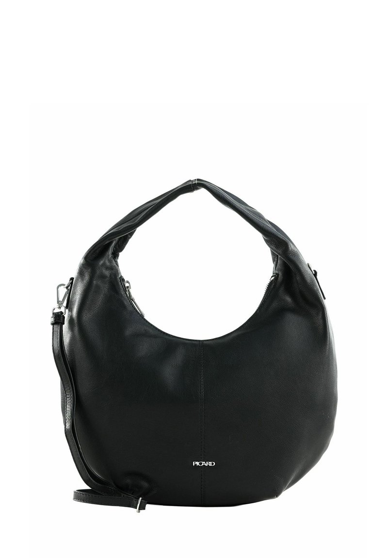 Schwarze Leder-Hobo-Tasche mit einer geschwungenen Silhouette, doppeltem Schultergurt, silbernen Beschlägen und einem Logodetail auf der Vorderseite. Glatte Textur.