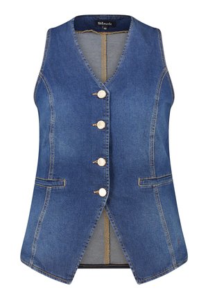 Mouwloos blauw denimvest met V-hals, vier metalen knopen, twee paspelzakken en zichtbare stiksel details.