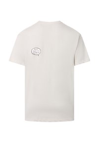 Witte katoenen T-shirt met een ronde halslijn, korte mouwen en een zwarte spraakballonafbeelding op de achterkant met de tekst "Hey zoon... Santa's Crue Skateboards."