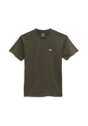 Olive green short-sleeve t-shirt made of cotton, featuring a crew neck and a small white Vans logo on the chest. Smooth texture.