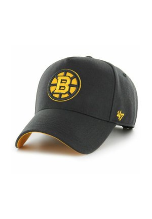 Schwarze Baseballkappe mit gelbem Boston Bruins-Logo vorne und gelber ‚47 Brand‘-Naht am seitlichen Schirmrand.