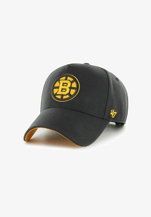 Schwarze Baseballkappe mit gelbem Boston Bruins-Logo vorne und gelber ‚47 Brand‘-Naht am seitlichen Schirmrand.