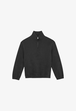 Fekete hosszú ujjú pulóver magas nyakkal és rövid, elöl végigfutó cipzárral, rugalmas mandzsettákkal és szegéllyel, fehér háttéren elhelyezve.