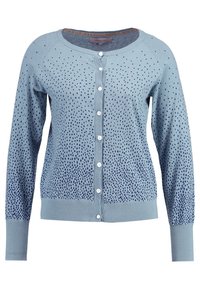 Vaaleansininen neulecardigan, jossa on tummansiniset pistekuviot, pyöreä kaula-aukko, pitkät hihat ja viisi nappia edessä. Ribbaus helma ja hihansuut.