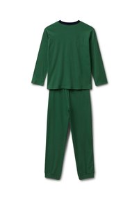 Groene lange mouwen top met een marineblauwe ronde hals, gecombineerd met bijpassende groene broek met elastische manchetten. Zachte, lichte stof.
