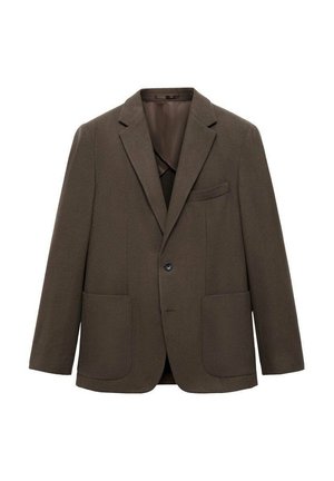 Brauner Wollblazer mit Revers, einzelnem Knopfverschluss, zwei Fronttaschen und Brusttasche. Glatte Textur, strukturierte Form.