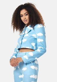 Light blue cropped jacket and matching pants featuring a white cloud pattern, made of smooth fabric with a tailored fit and button details.
