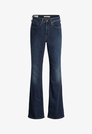 Donkerblauwe flared jeans van denim, met een knoop- en ritssluiting, vijf zakken en subtiele vervaging op de dijen.