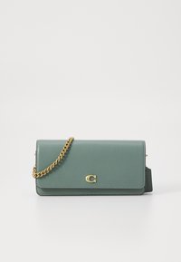 Green leather handbag with a chain strap, featuring a gold-tone logo accent and a sleek, rectangular design. Smooth texture.