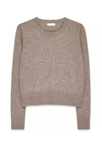 Beżowy sweter dziewiarski z okrągłym dekoltem, długimi rękawami i skróconym krojem. Materiał wydaje się miękki i ma gładką, równą strukturę.