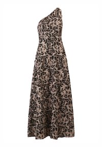 Abito maxi con spalla unica realizzato in un tessuto che presenta un intricato motivo floreale nero e beige; corpetto aderente che si apre in una gonna a campana.