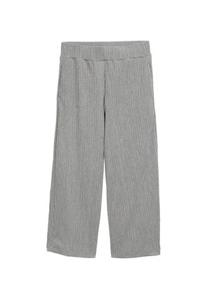 Pantalones ligeros y grises con un patrón de rayas verticales, corte de pierna ancha, cinturilla elástica y sin bolsillos visibles.