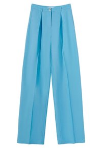 Light blue wide-leg trousers with pleats, featuring a button closure at the waist and smooth, non-textured fabric.