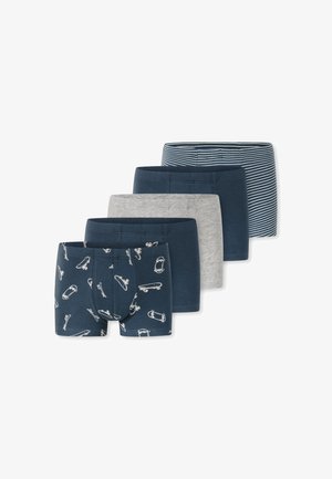 Vijf paar jongensboxers in marineblauw met skateboardprint, effen marineblauw, lichtgrijs, effen marineblauw en marineblauw met witte strepen.