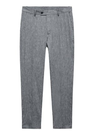 Pantaloni grigi realizzati in tessuto leggero, con un design a gamba dritta, chiusura con bottone e due tasche frontali. Dettaglio di trama sottile.