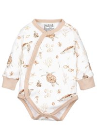 Organic cotton bodysuit with a beige trim, featuring a sea-themed pattern of turtles, shells, and corals in soft earth tones.