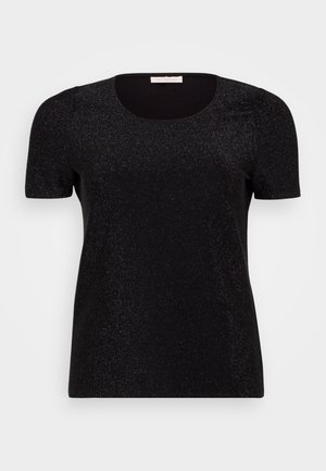 Črn top s kratkimi rokavi in okroglim izrezom, ki ima subtilno teksturo bleščic in poudarjene ramene. Gladka, prilegajoča oblika.