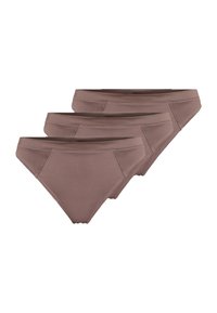 Drei Paare brauner Baumwoll-Bikiniunterwäsche mit einer glatten Textur, gestaltet mit einem mittelhohen Bund und minimalen Nähten für maximalen Komfort.