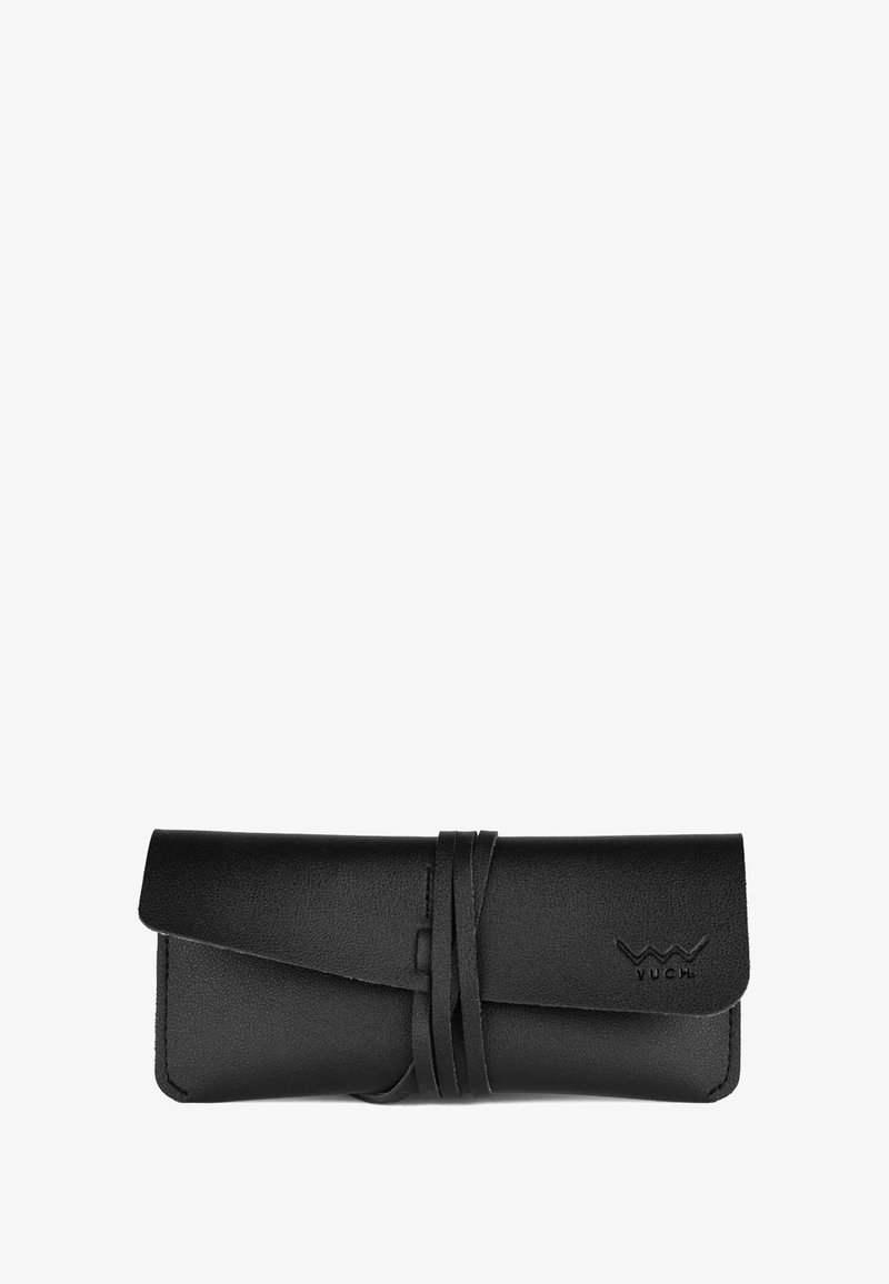 Black leather wallet with a smooth texture, featuring a fold-over design secured by a narrow strap. Embossed logo on the front.