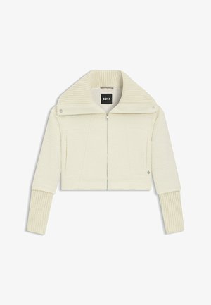 Cropped cream jacket with a high textured collar, zip closure, and ribbed sleeve details; features a smooth material with subtle patterns.