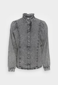 Svart syra-tvättad denimblus med volangkrage, långa puffärmar, tryckknappar framtill och sömdetaljer.