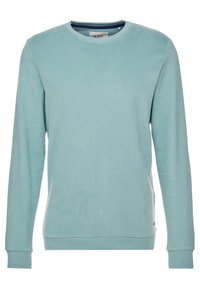 Sudadera de manga larga azul claro con cuello redondo, puños y dobladillo acanalados, confeccionada con tela de algodón suave. Diseño simple y sólido.